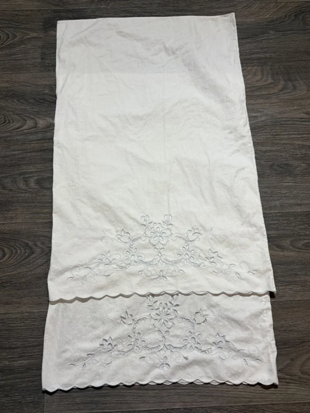 Vintage White Pillowcase Scalloped Edge Floral Embroidery Standard Queen Set of